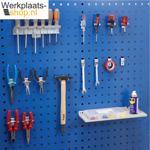 Werkplaats-shop.nl hakenset elektronica 16 delig voor het ophangen van gereedschap op een gereedschapsbord